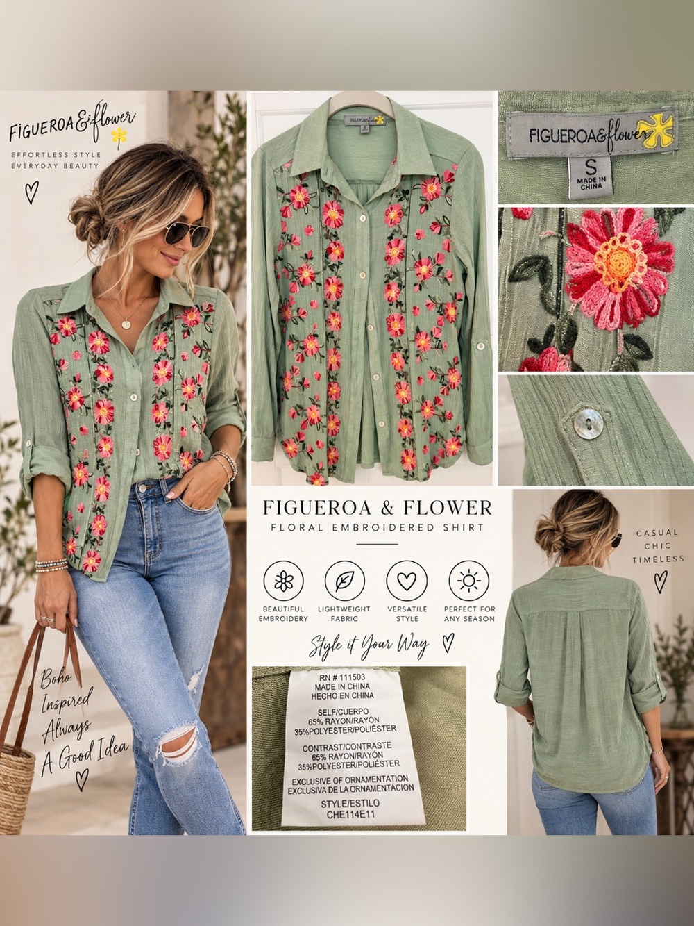 Figueróa & Flower Sage Green Floral Embroidered Shirt – Small